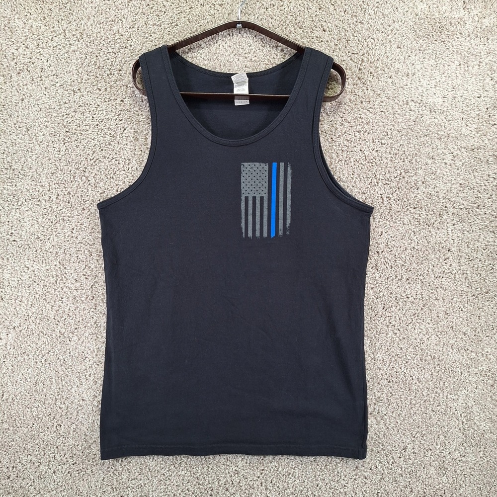 Gildan Tank Top Mens Large Black Blue Line Flag Honor Respect Courage Support